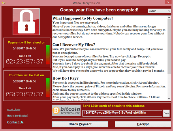 Ransomware Wana Decrypt0r 2.0 Screen