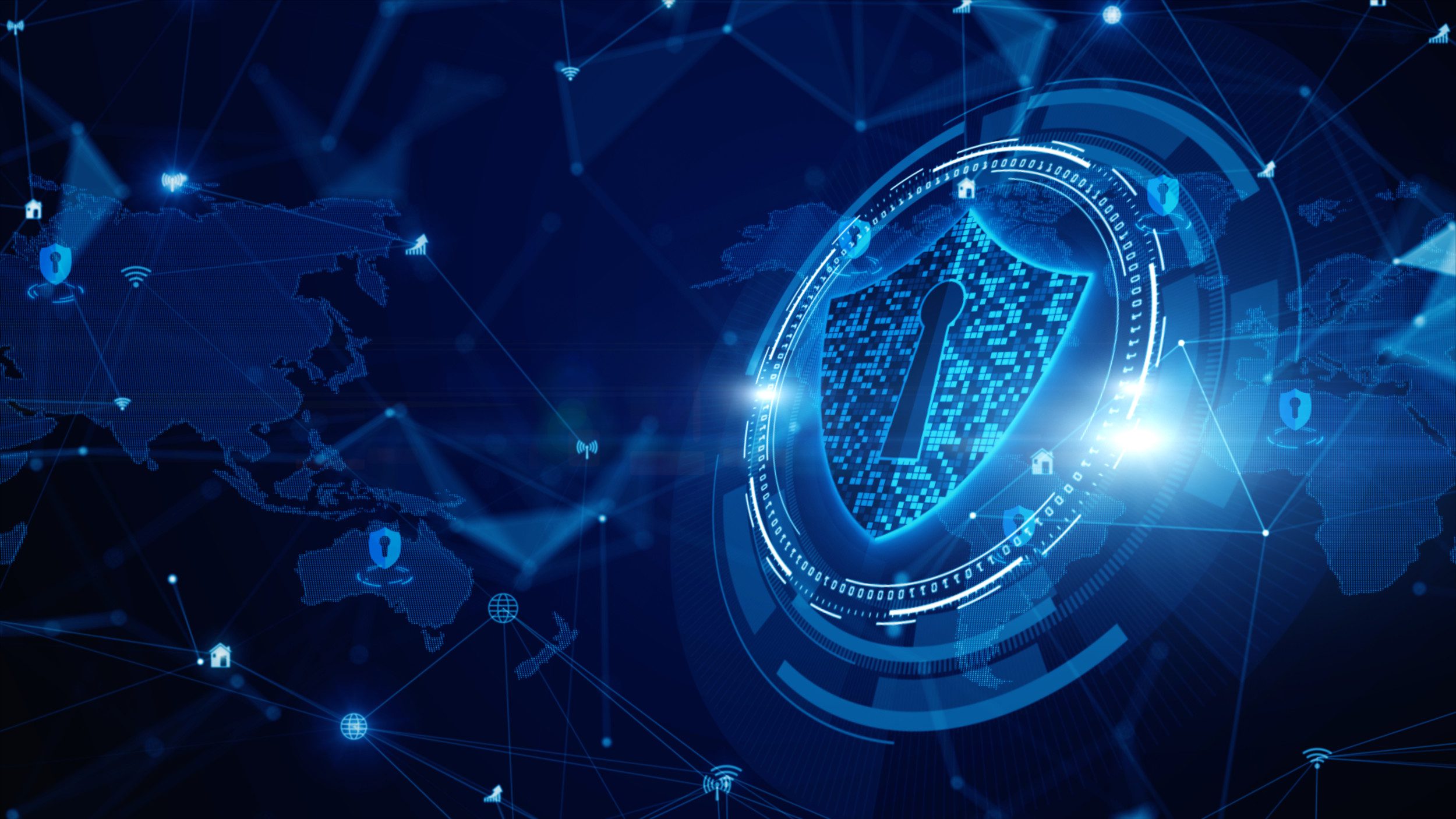 Shield Icon Cyber Security, Digital Data Network Protection, Future Technology Digital Data Network Connection Background Concept.